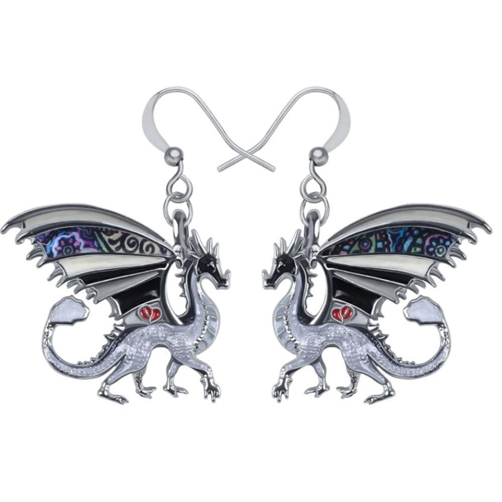Silver and Multicolor Enamel Mythical Dragon Dangling French Wire Hook Earrings